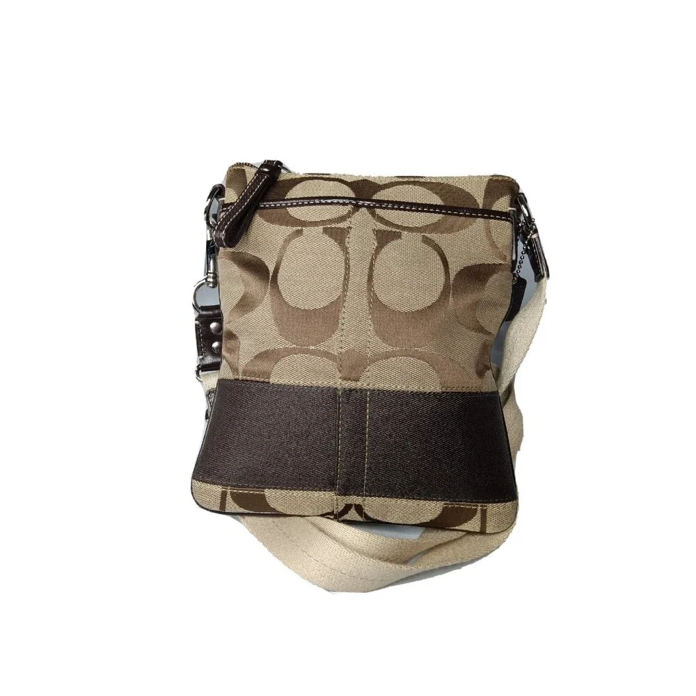 Coach Signature Swingpack Crossbody Khaki Brown Stripe Handbag Purse
